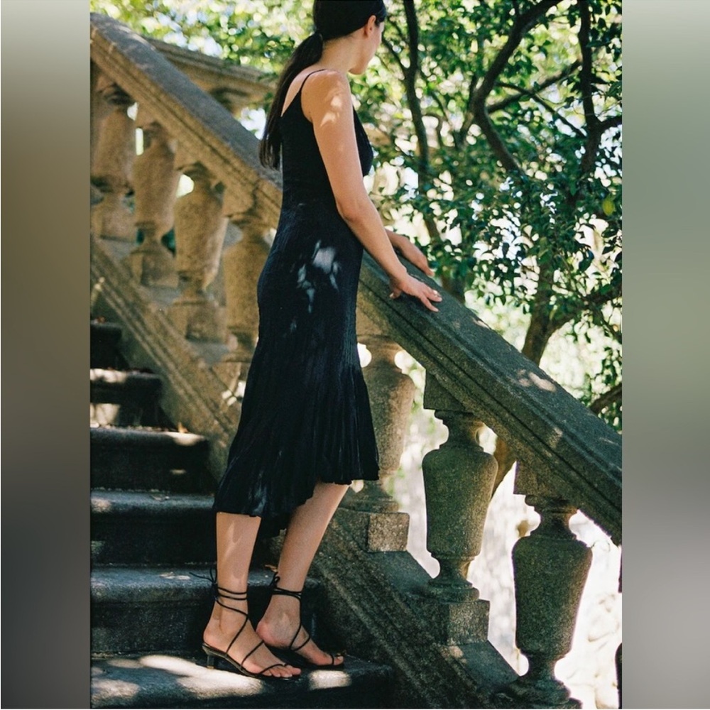 JUST CAVALLI Roberto 46 Black Satin Crinkle Slip Midi  Dress